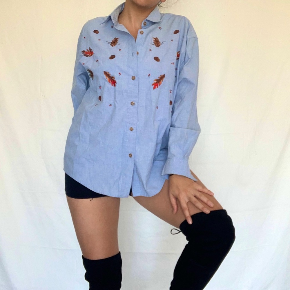 90s Vintage Embroidered Fall Denim Button Down